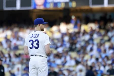 Los Angeles Dodgers pitcher Eric Lauer (33) gets ready to throw a pitch during the first inning against the Tampa Bay Rays at Dodger Stadium