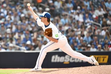 Toronto Blue Jays starting pitcher Shane Bieber (57) delivers a pitch against the Houston Astros in the second inning at Rogers Centre.