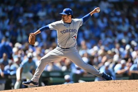 Toronto Blue Jays pitcher Brendon Little (54) pitches against the Chicago Cubs during the fifth inning at Wrigley Field.