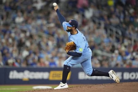 Toronto Blue Jays pitcher Simeon Woods Richardson (10) pitches to the Philadelphia Phillies during the eighth inning at Rogers Centre.