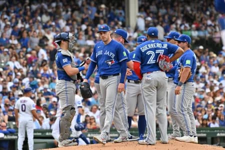 Toronto Blue Jays pitcher Patrick Corbin (46) is relived during the fourth inning against the Chicago Cubs at Wrigley Field.