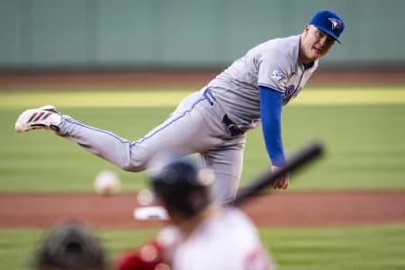 Starting Toronto Blue Jays pitcher Braydon Fisher (63) throws in the first inning against the Boston Red Sox at Fenway Park.