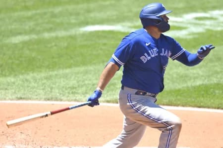Toronto Blue Jays first baseman Rowdy Tellez (44) hits a solo home run in the fourth inning against the Cleveland Indians at Progressive Field.