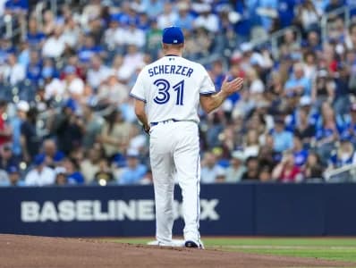 Toronto Blue Jays pitcher Max Scherzer (31) celebrates his career 3500th strike out against the Philadelphia Phillies during the first inning at Rogers Centre.