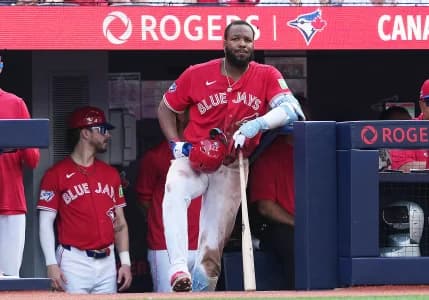 Toronto Blue Jays first baseman Vladimir Guerrero Jr. (27) waits for his turn at bat against the New York Mets during the sixth inning at Rogers Centre.