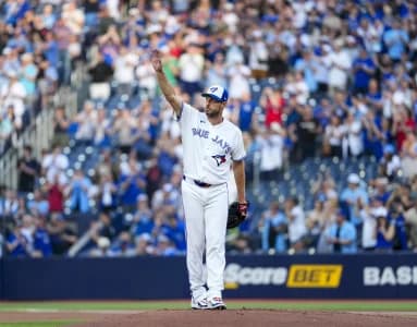 Toronto Blue Jays pitcher Max Scherzer (31) celebrates his career 3500th strike out against the Philadelphia Phillies during the first inning at Rogers Centre.