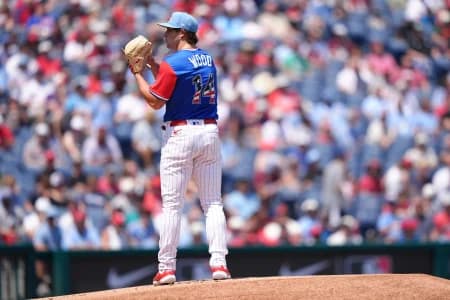 National League pitcher Gage Wood (14) stands on the mound against American League in the first inning at Citizens Bank Park.