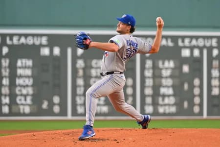 Toronto Blue Jays pitcher Trey Yesavage (39) pitches against the Boston Red Sox during the first inning at Fenway Park.