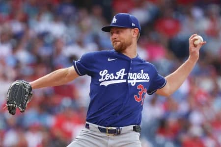 Los Angeles Dodgers pitcher Eric Lauer (33) throws a pitch against the Philadelphia Phillies during the first inning at Citizens Bank Park.