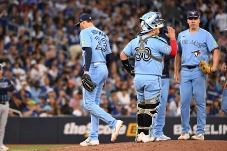 Toronto Blue Jays relief pitcher Jeff Hoffman (23) leaves the mound after being relieved in the sixth inning against the Tampa Bay Rays at Rogers Centre.