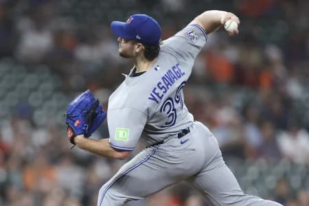 Toronto Blue Jays starting pitcher Trey Yesavage (39) delivers a pitch during the first inning against the Houston Astros at Daikin Park.