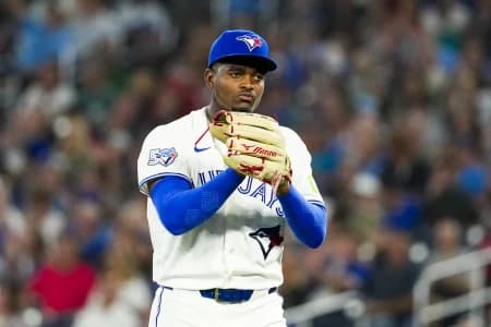 Toronto Blue Jays pitcher José Soriano (40) returns to the dugout after the first inning against the Boston Red Sox at Rogers Centre