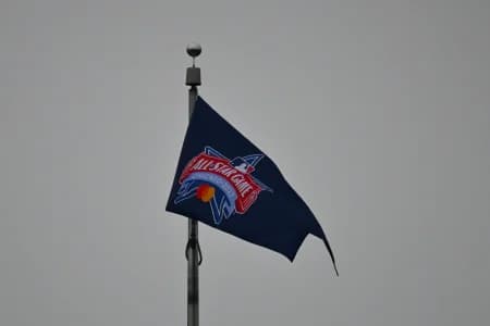 General view of an “All-Star Game 2027” flag during the game between the Chicago Cubs and the New York Yankees at Wrigley Field.