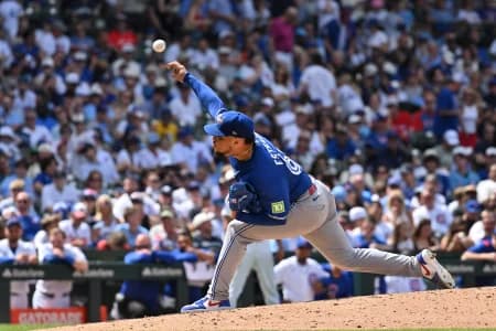 Toronto Blue Jays pitcher Lazaro Estrada (60) pitches against the Chicago Cubs during the sixth inning at Wrigley Field.