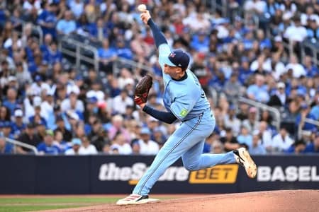 Toronto Blue Jays starting pitcher Braydon Fisher (63) delivers a pitch against the Tampa Bay Rays in the first inning at Rogers Centre.