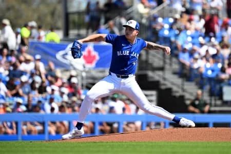 Toronto Blue Jays pitcher Ricky Tiedemann (70) throws a pitch in the first inning of the spring training game against the Detroit Tigers at TD Ballpark.