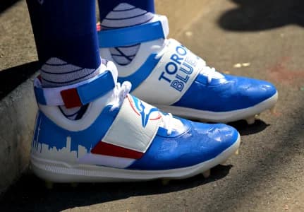 Detailed view of the baseball cleats worn by American League Futures relief pitcher Ricky Tiedemann (31) for the All Star-Futures Game at Dodger Stadium
