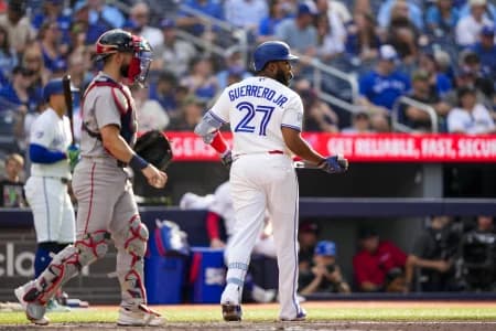 Toronto Blue Jays first baseman Vladimir Guerrero Jr. (27) reacts to striking out during the ninth inning against the Boston Red Sox at Rogers Centre.