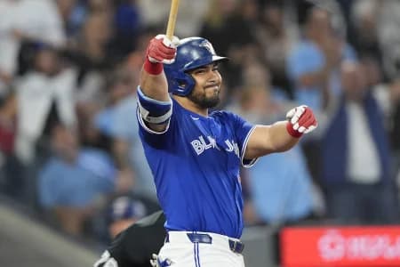 Toronto Blue Jays left fielder Anthony Santander (25) reacts after hitting a foul ball with base loaded against the Boston Red Sox during the third inning at Rogers Centre.