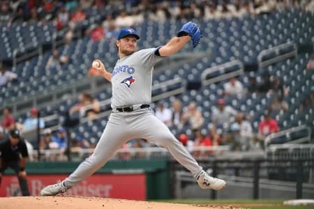 Toronto Blue Jays pitcher Trey Yesavage (39) throws to the Washington Nationals during the second inning at Nationals Park.