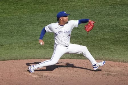 Toronto Blue Jays pitcher Lazaro Estrada (60) pitches to the Los Angeles Angels during the seventh inning at Rogers Centre.