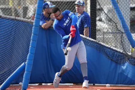 Toronto Blue Jays catcher Christian Bethancourt (60) hits the ball during spring training practice at TD Ballpark.