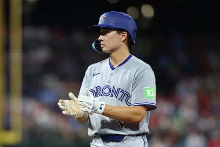 Toronto Blue Jays outfielder Brett Bateman (21) on first base during the sixth inning against the Philadelphia Phillies at Citizens Bank Park.