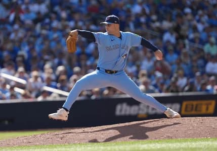 Toronto Blue Jays relief pitcher Mason Fluharty (68) throws a pitch against the New York Yankees during the sixth inning at Rogers Centre.