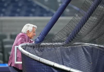 Toronto Blue Jays television color commentator Buck Martinez watches batting practice before a game against the Los Angeles Dodgers at Rogers Centre.