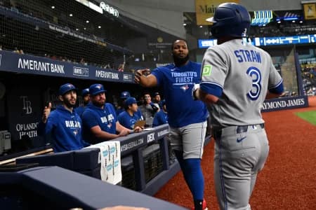 Toronto Blue Jays pinch hitter Myles Straw (3) is greeted bye infielder Vladimir Guerrero Jr. (27) after scoring a run in the fifth inning against the Tampa Bay Rays at Tropicana Field.