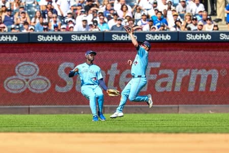 Toronto Blue Jays right fielder Myles Straw (3) makes a catch for an out during the sixth inning against the New York Yankees at Yankee Stadium