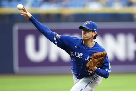 Toronto Blue Jays starting pitcher Shane Bieber (57) throws a pitch against the Tampa Bay Rays in the third inning at Tropicana Field.