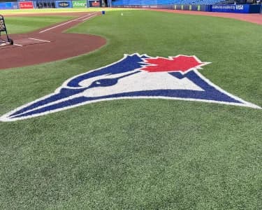 The Toronto Blue Jays logo during batting practice against the Cleveland Guardians at Rogers Centre
