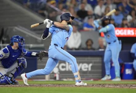 Toronto Blue Jays outfielder Nathan Lukes (38) hits a single during the seventh inning against the Kansas City Royals at Rogers Centre.