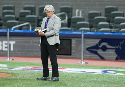 Toronto Blue Jays TV announcer Buck Martinez on the field before the game between the Washington Nationals at Rogers Centre.