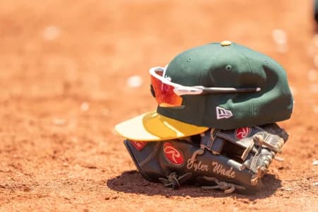General view of the Oakland Athletics hat and glove during the third inning against the Chicago White Sox at Oakland-Alameda County Coliseum.