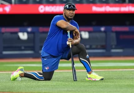 Former player and assistant to the Toronto Blue Jays coaching staff Edwin Encarnacion watches batting practice before a game against the Detroit Tigers at Rogers Centre.