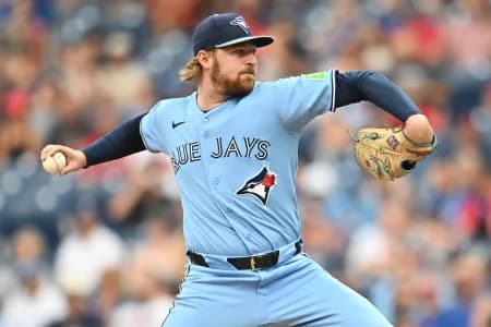 Toronto Blue Jays pitcher Spencer Miles (62) throws a pitch during the first inning against the Cleveland Guardians at Progressive Field