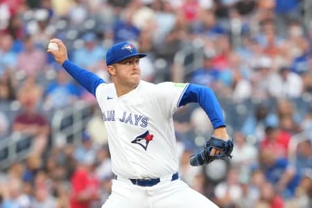 Toronto Blue Jays starting pitcher Jameson Taillon (56) throws a pitch during the first inning against the Boston Red Sox at Rogers Centre.