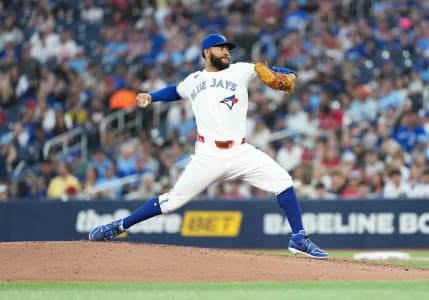 Toronto Blue Jays relief pitcher Simeon Woods Richardson (10) throws a pitch during the fifth inning against the Boston Red Sox at Rogers Centre