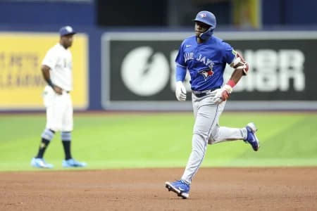 Toronto Blue Jays left fielder Daz Cameron (23) runs the bases after hitting a home run against the Tampa Bay Rays in the fifth inning at Tropicana Field