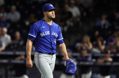 Toronto Blue Jays starting pitcher Jose Berrios (17) walks to the dugout after he pitched the fourth inning against the Tampa Bay Rays at George M. Steinbrenner Field