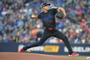 Toronto Blue Jays starting pitcher Max Scherzer (32) throws a pitch against the Baltimore Orioles during the first inning at Rogers Centre.