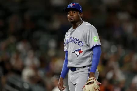Toronto Blue Jays starting pitcher Jose Soriano (40) looks on as he walks back into the dugout in a game against the Athletics at the middle of the seventh inning at Sutter Health Park.