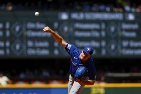 Toronto Blue Jays starting pitcher Trey Yesavage (39) throws against the Seattle Mariners during the fifth inning at T-Mobile Park.