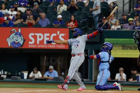 Toronto Blue Jays first baseman Vladimir Guerrero Jr. (27) bats during the first inning against the Texas Rangers at Globe Life Field.