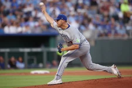 Toronto Blue Jays pitcher Jameson Taillon (56) pitches during the first inning against the Kansas City Royals at Kauffman Stadium.