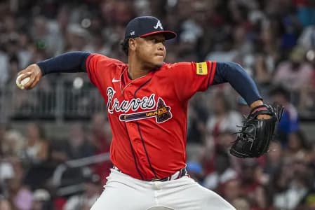 Atlanta Braves pitcher Elieser Hernandez (57) pitches against the Washington Nationals during the seventh inning at Truist Park.