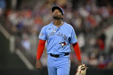 Toronto Blue Jays pitcher Jose Soriano (40) walks off the field after he pitches against the Texas Rangers during the first inning at Globe Life Field.