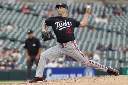 Minnesota Twins pitcher Taylor Rogers (55) pitches against the Detroit Tigers during the sixth inning at Comerica Park.